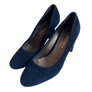 Aquatalia Womens Chevron Matelasse Suede Block Heel Pumps Navy Blue Size 11
